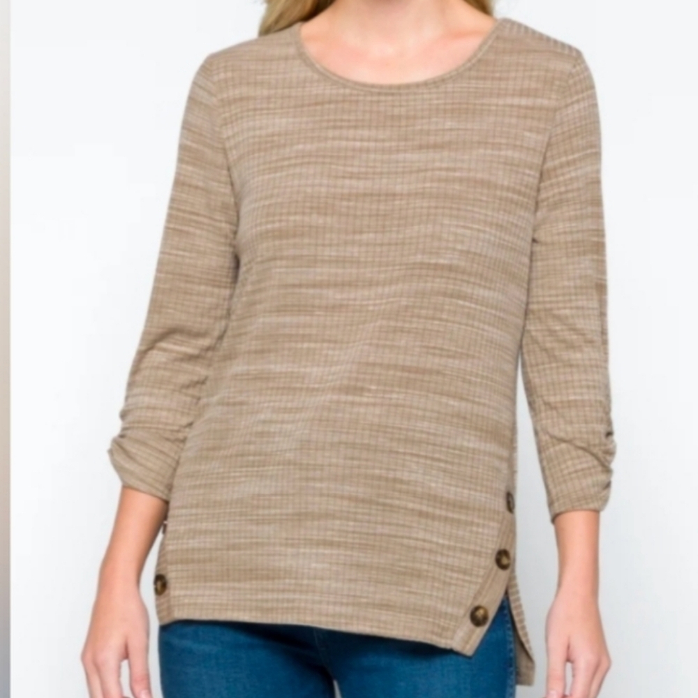 Fortune + Ivy XL Keira Office Neutral Ribbed Button Detail Top